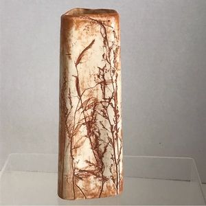 Kathy Devlin Handmade Impressed Leaf Tan-Brown Triangle Shape Pottery Vase -VTG